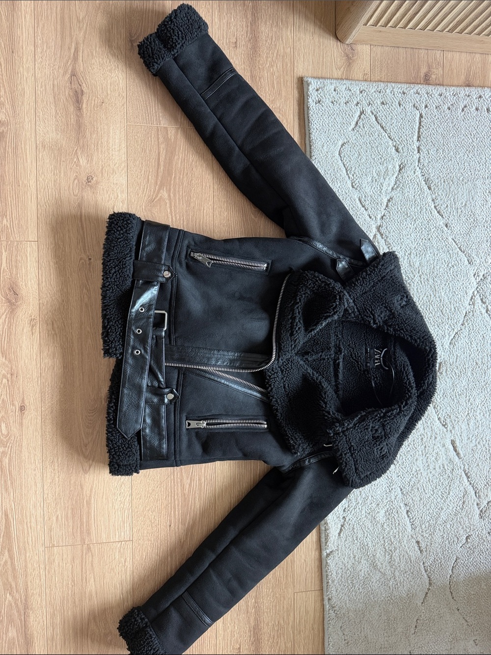 Zara Black Faux Shearling Biker Jacket